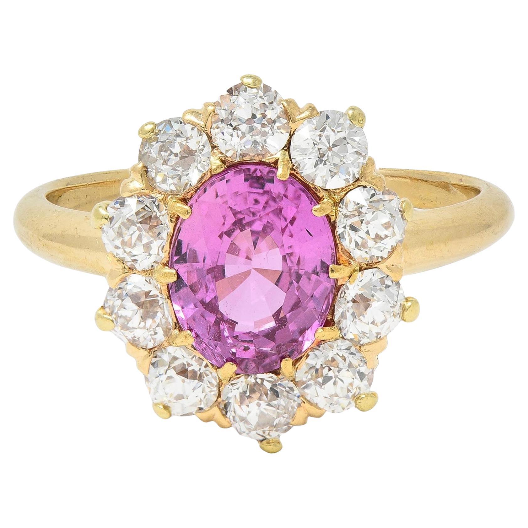 Vintage 2.46 CTW No Heat Pink Sapphire Diamond 14 Karat Gold Halo Ring GIA