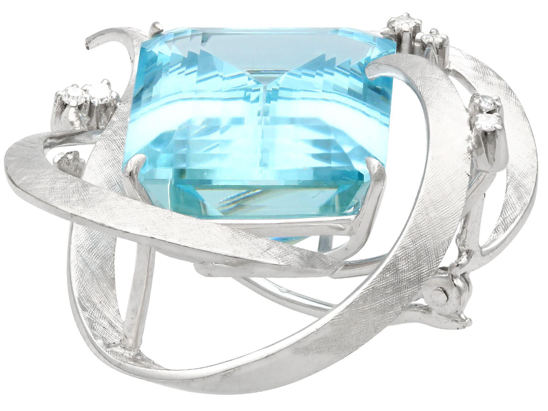 Emerald Cut Vintage 24.67 Carat Aquamarine and Diamond and White Gold Brooch For Sale