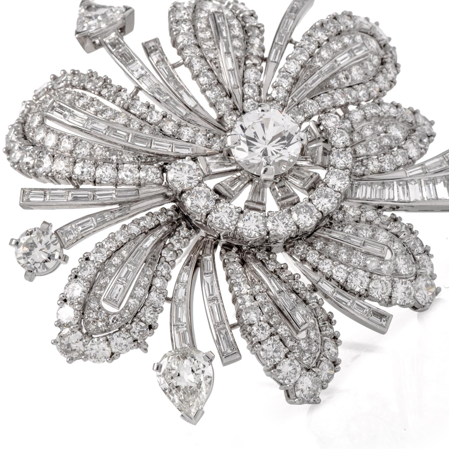 The splendor of nature's artistry with this luxurious, large floral brooch crafted in solid luxurious platinum.

This  fine vintage diamond Brooch Pin was inspired by a floral motif with winged movement and a beautiful flow, crafted in Luxurious