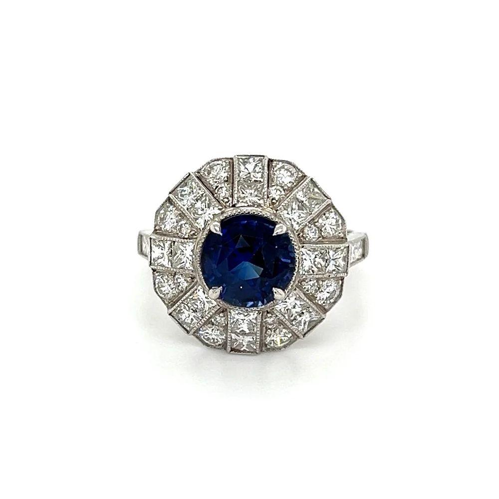 Mixed Cut Vintage 2.48 Carat Round Sapphire and Diamond Platinum Cocktail Ring For Sale