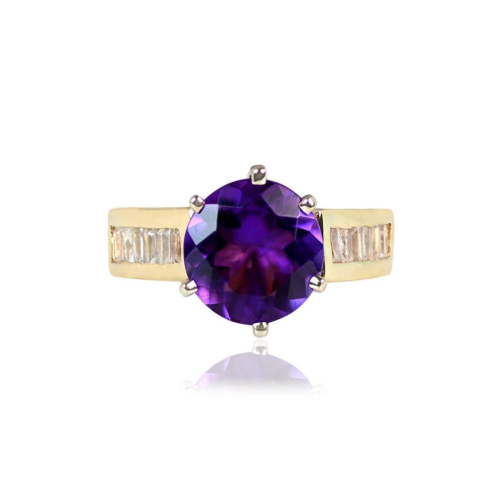 A stunning vintage ring showcasing a prong-set amethyst center stone weighing approximately 2.48 carats. Set in a 14k yellow gold mounting, the shoulders are adorned with six baguette-cut diamonds on each side.

Ring Size: 6 US, Resizable
Metal: