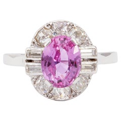 Anello vintage con zaffiro rosa da 2,49 carati e diamante in oro bianco 18 carati e platino