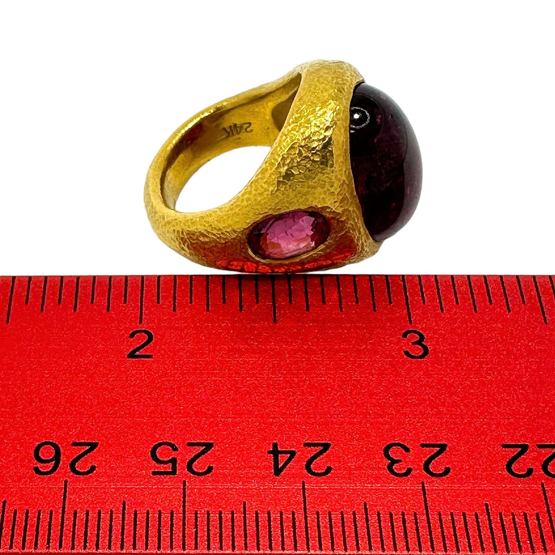 Vintage 24k Gold Hammered Finish Ring with Rubellite Tourmalines by Pisani 4