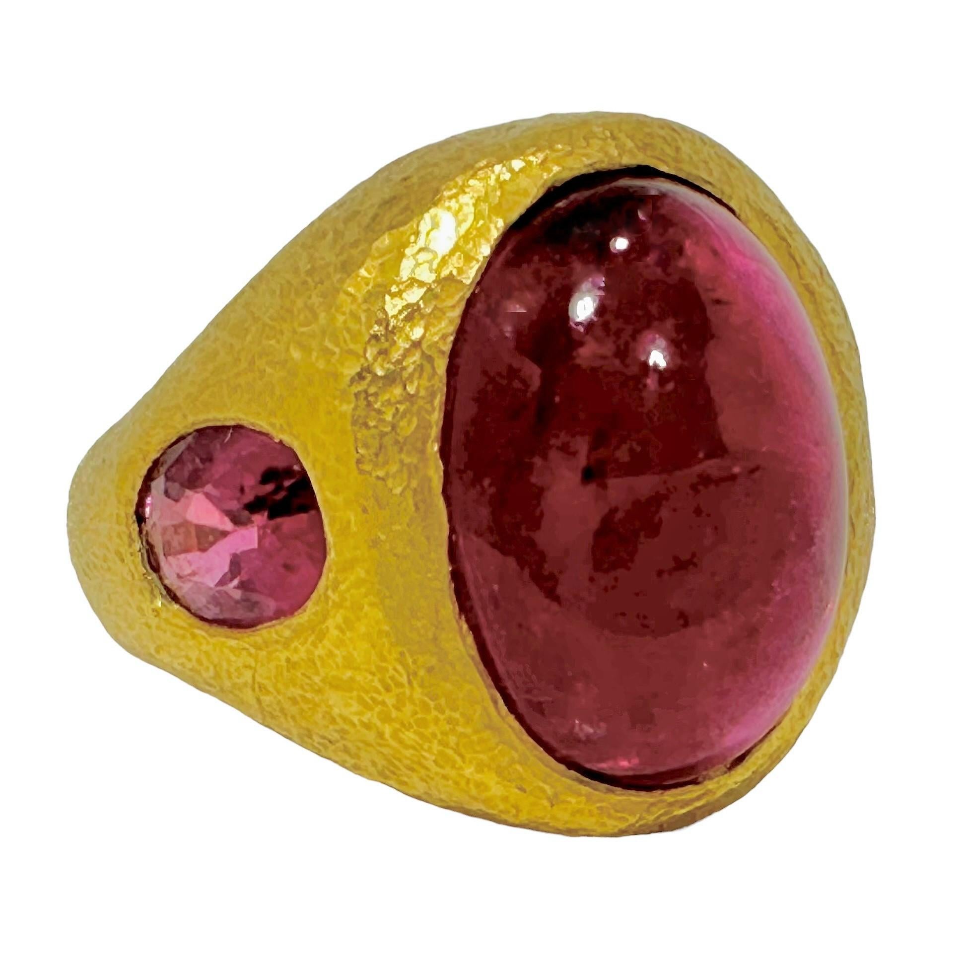 Revival Vintage 24k Gold Hammered Finish Ring with Rubellite Tourmalines by Pisani