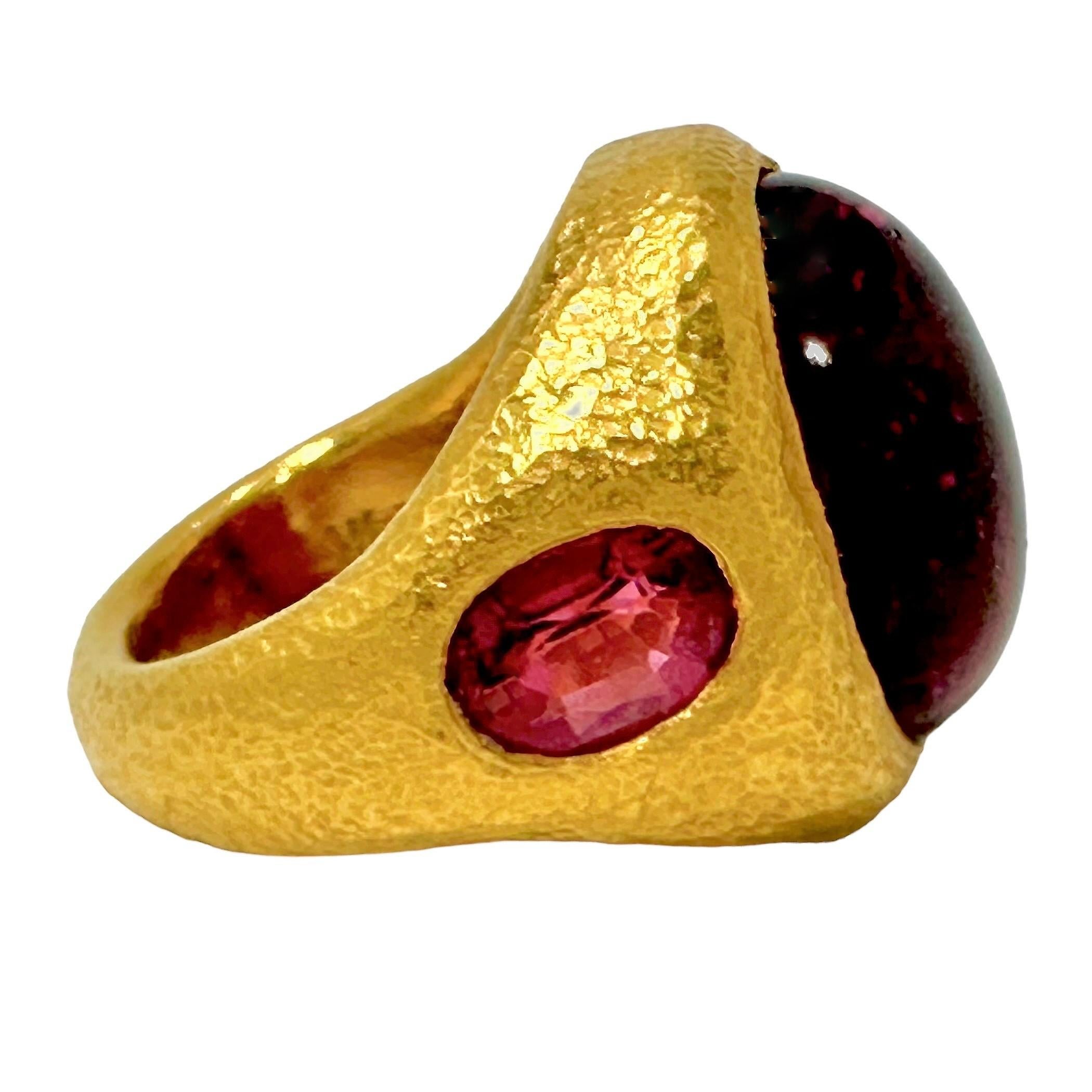 Cabochon Vintage 24k Gold Hammered Finish Ring with Rubellite Tourmalines by Pisani