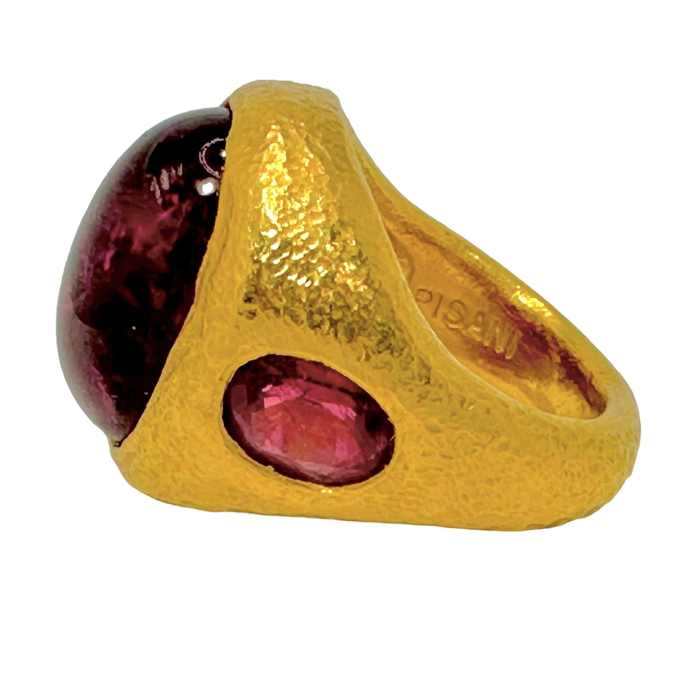 Women's or Men's Vintage 24k Gold Hammered Finish Ring with Rubellite Tourmalines by Pisani