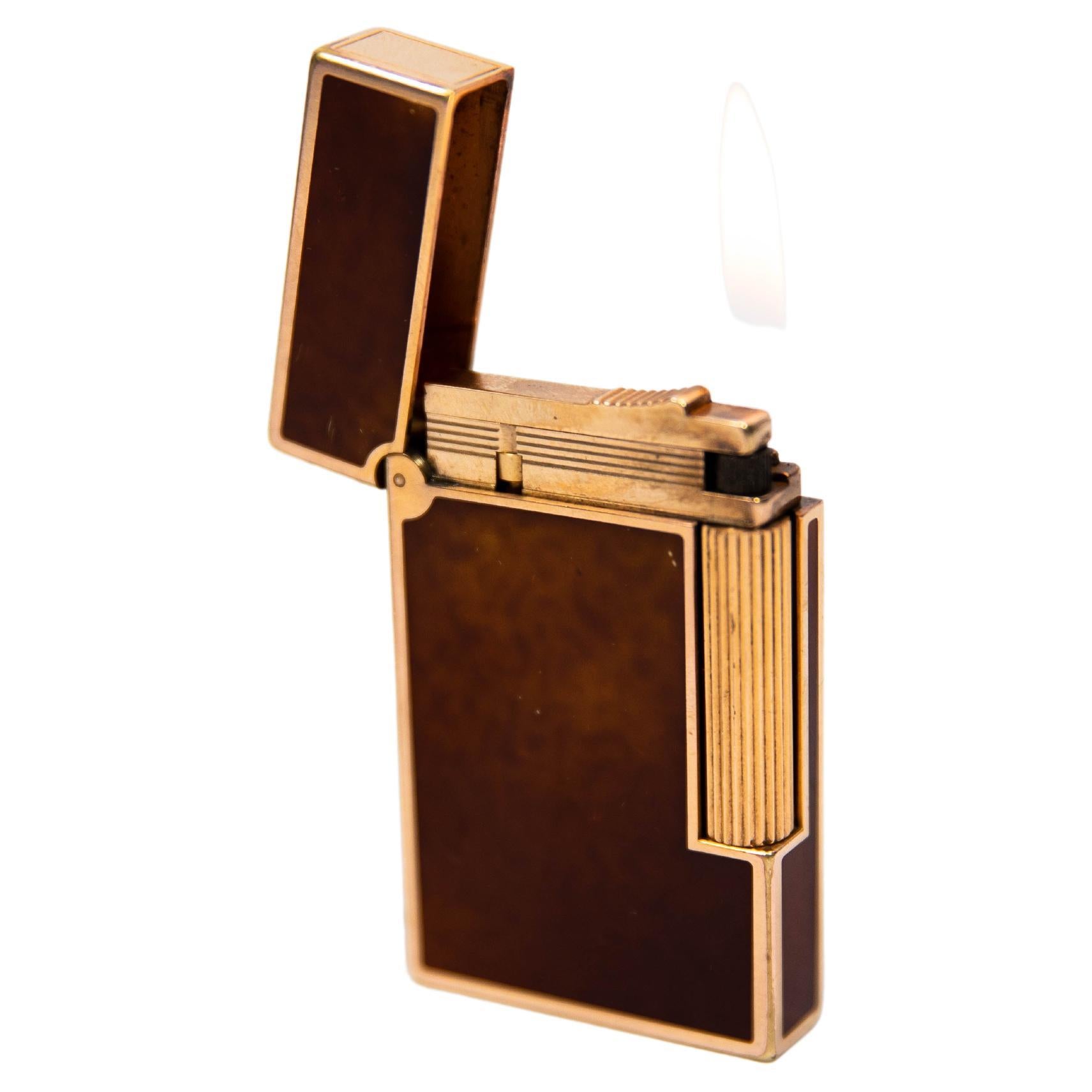 Vintage 24k Gold plated Ligne 2 ST Dupont Lighter fire-brown Lacquer 1990s