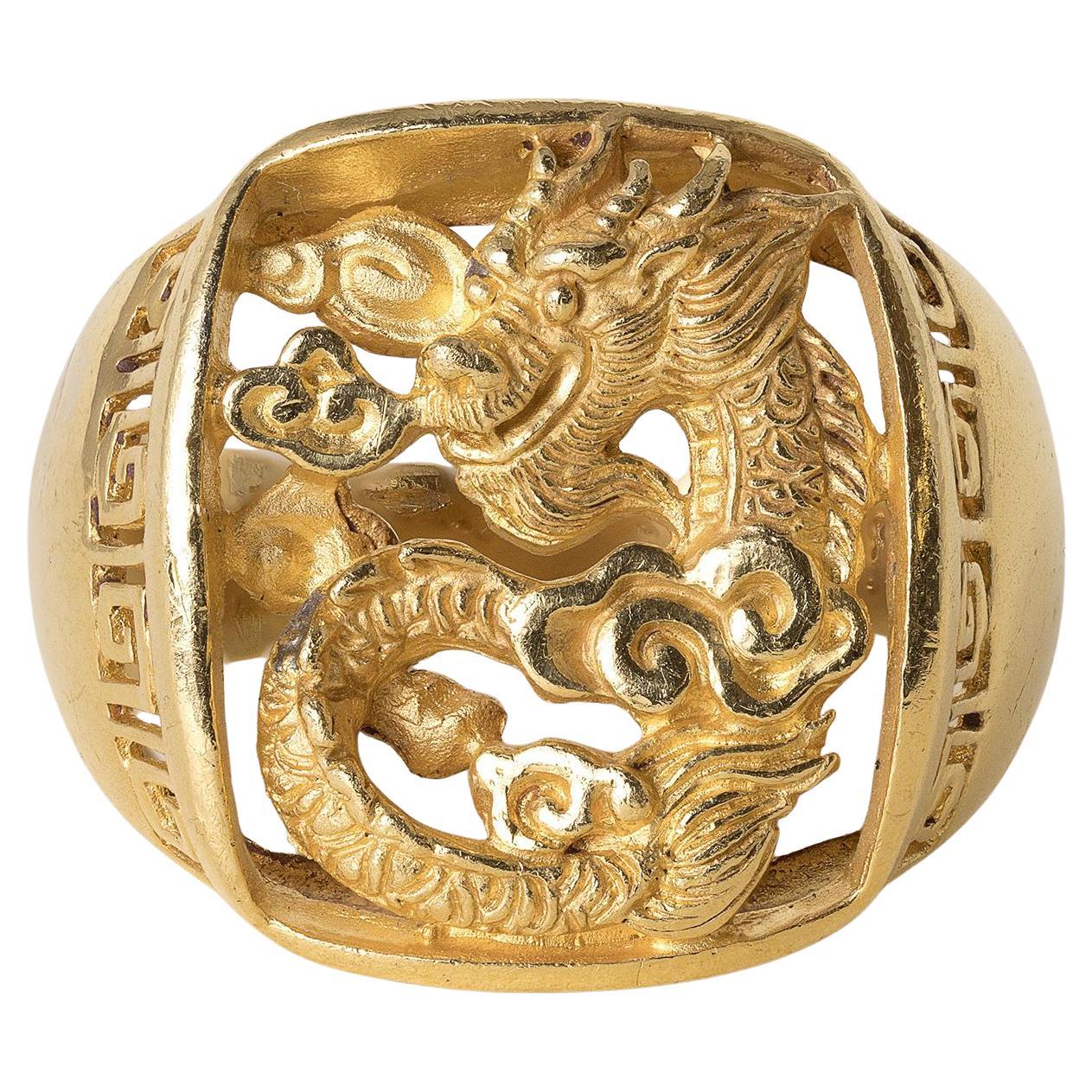 Bague Lucky Dragon Vintage en or massif 24K