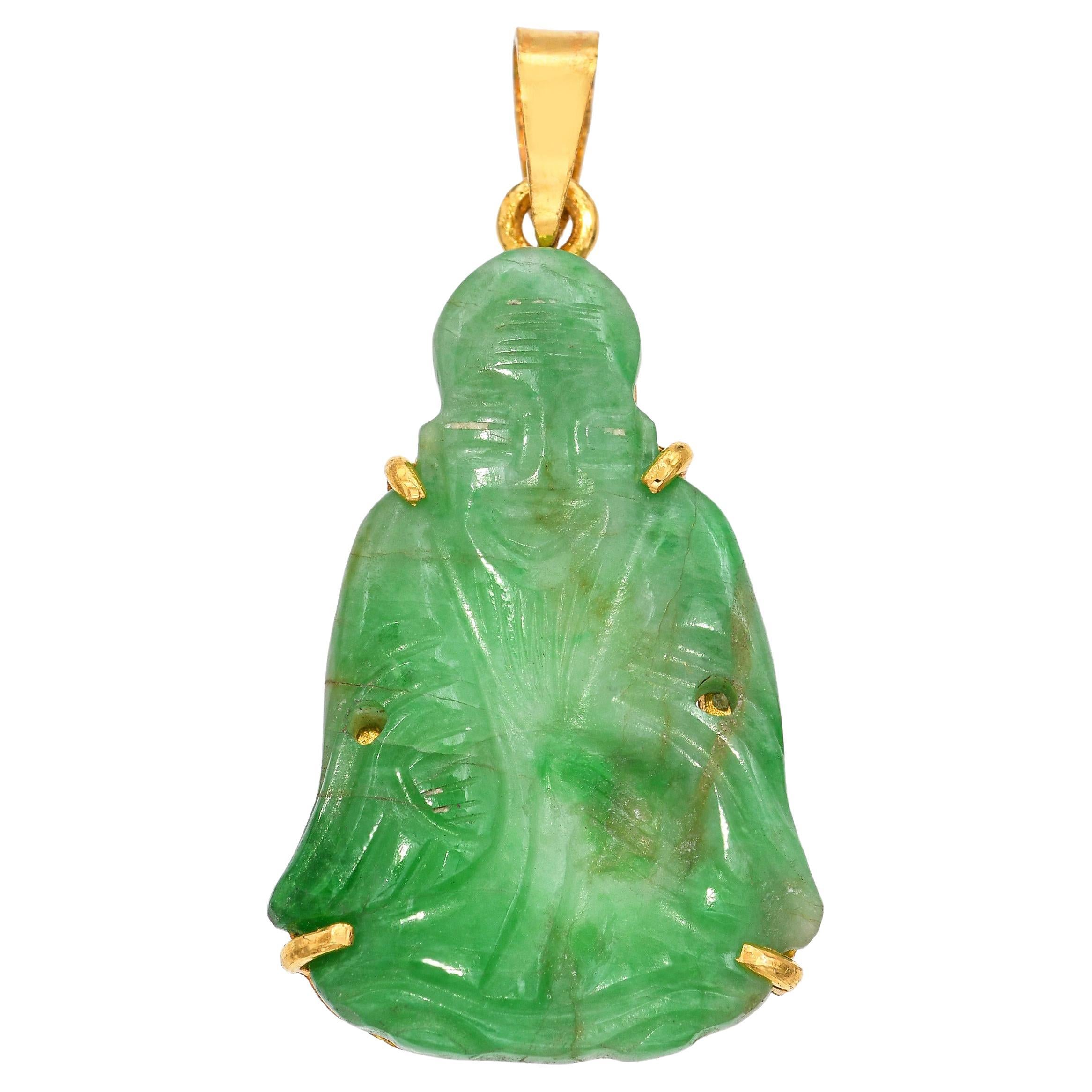 Pendentif vintage en or jaune 24k et jade sculpté