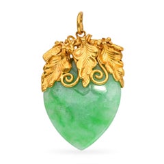 Vintage 24k Yellow Gold Carved Green Jade Peach Pendant