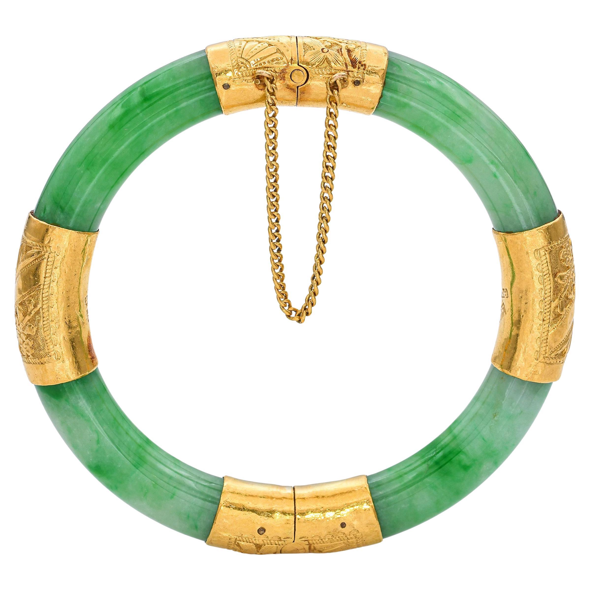 Vintage 24k Yellow Gold Hinged Jade Bangle Bracelet
