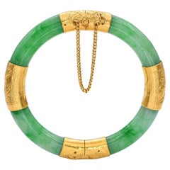 Pulsera brazalete vintage de oro amarillo de 24k con bisagra de jade