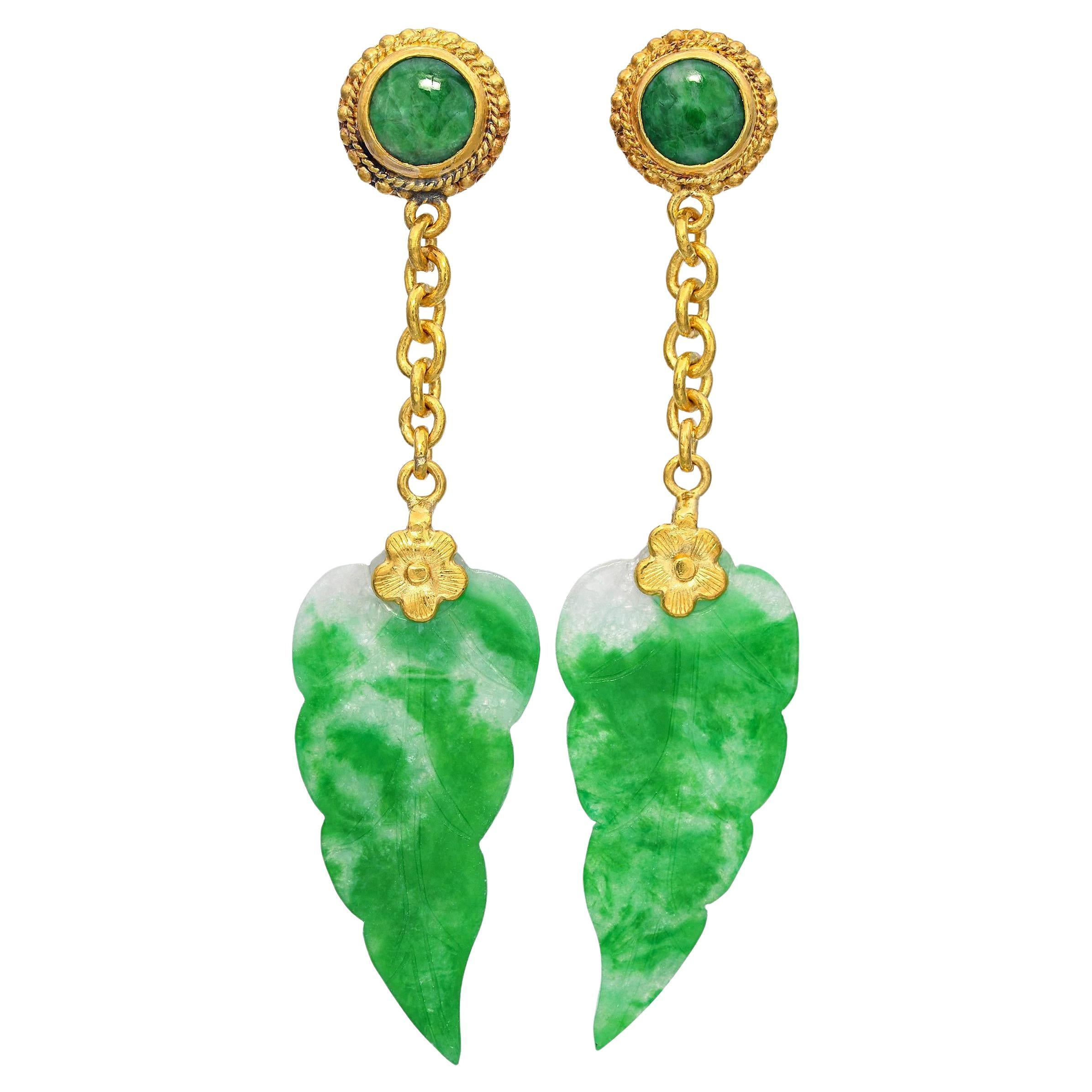 Vintage 24k Yellow Gold Jade Hand Carved Leaf Dangle Earrings For Sale