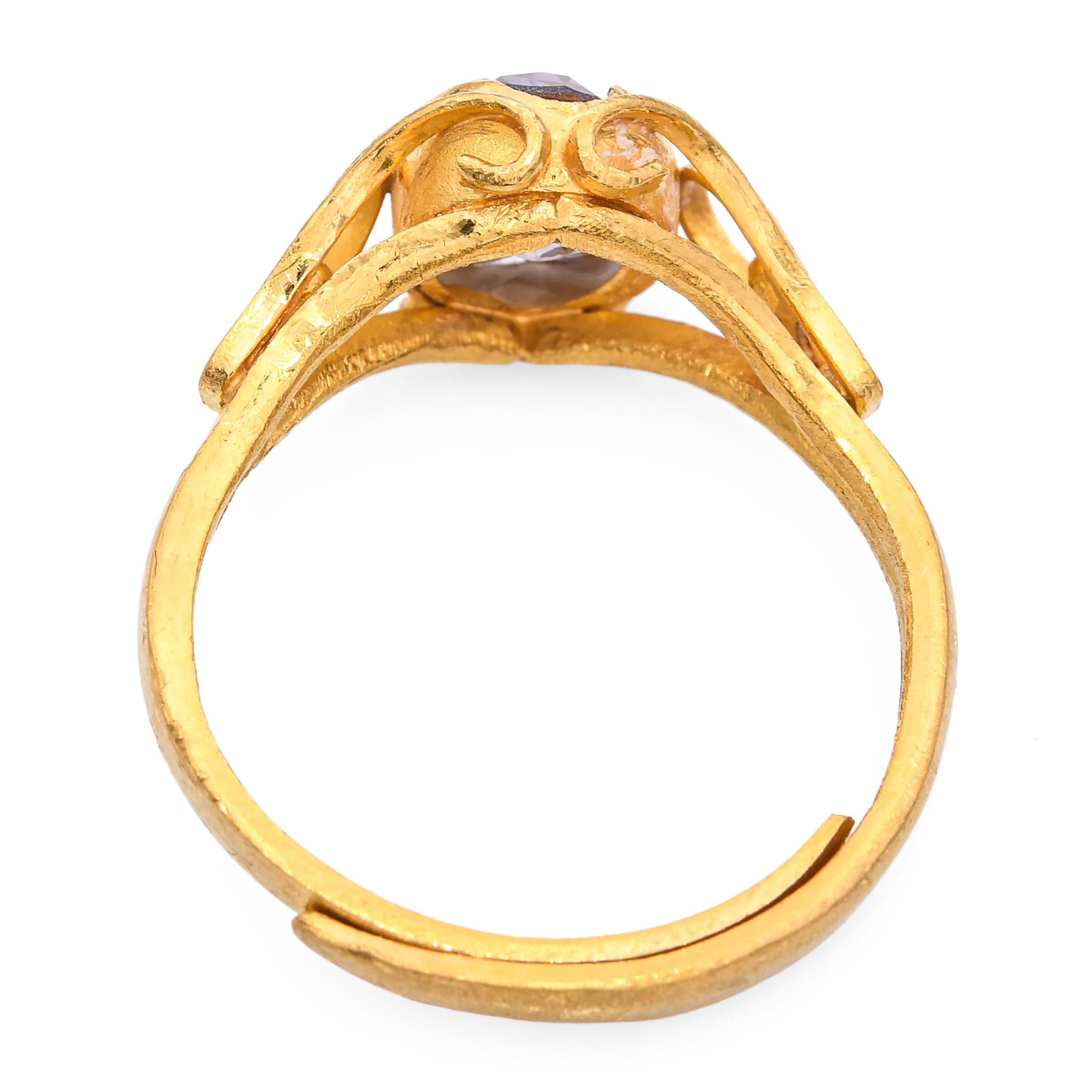 Women's or Men's Vintage 24k Yellow Gold Ornate Zircon Ring For Sale