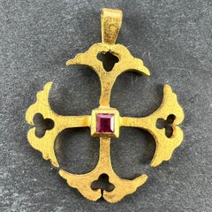 Vintage 24K Yellow Gold Ruby Cross Pendant