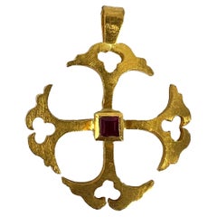Vintage 24K Yellow Gold Ruby Cross Pendant