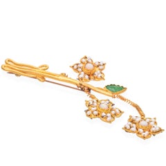 Vintage 24k Yellow Gold Seed Pearl Opal and Jade Floral Tremblant Brooch