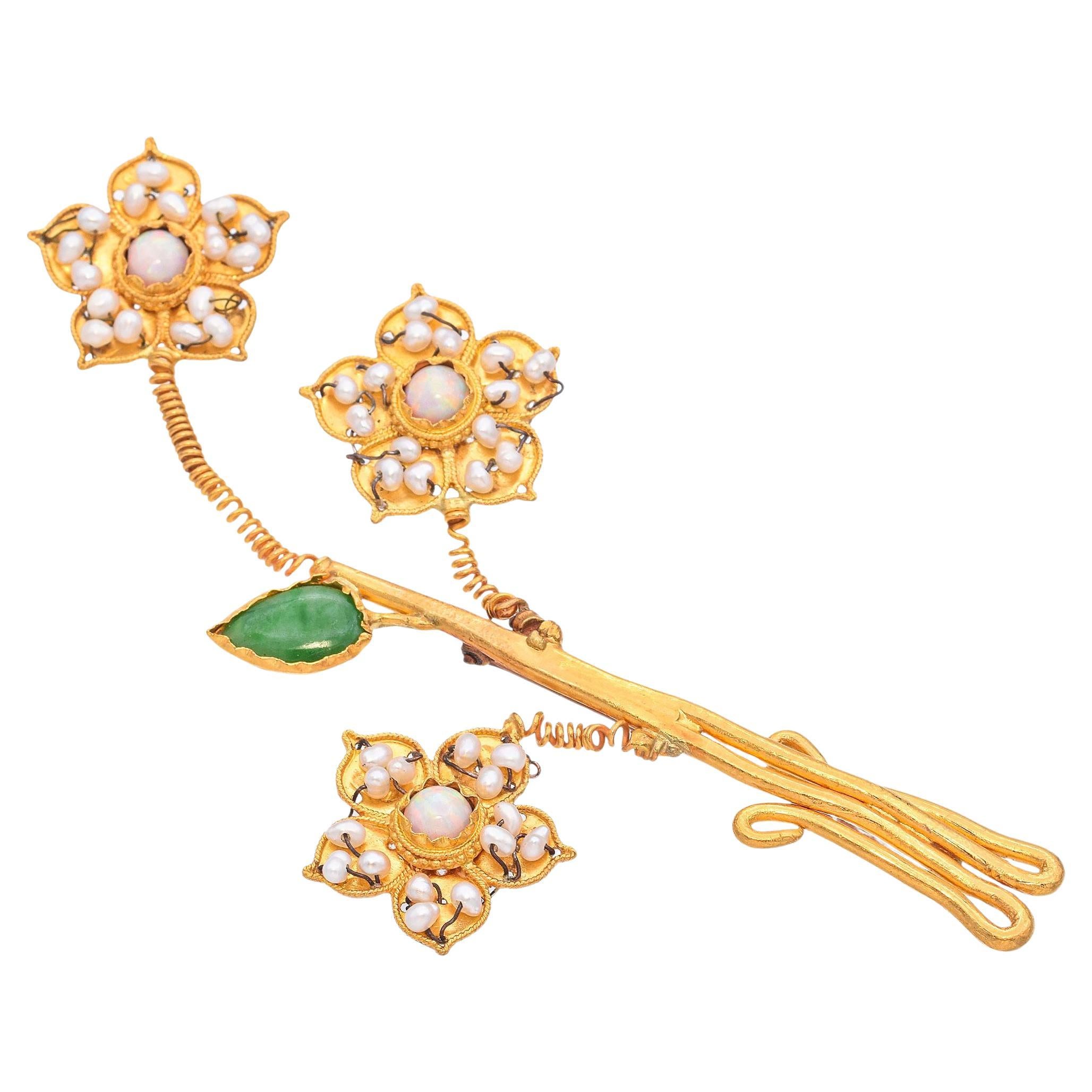 Vintage 24k Yellow Gold Seed Pearl Opal and Jade Floral Tremblant Brooch