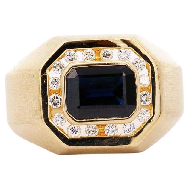 Vintage 2.5 Carat Emerald Cut Blue Sapphire & Diamond Matte Finish Mens Ring For Sale