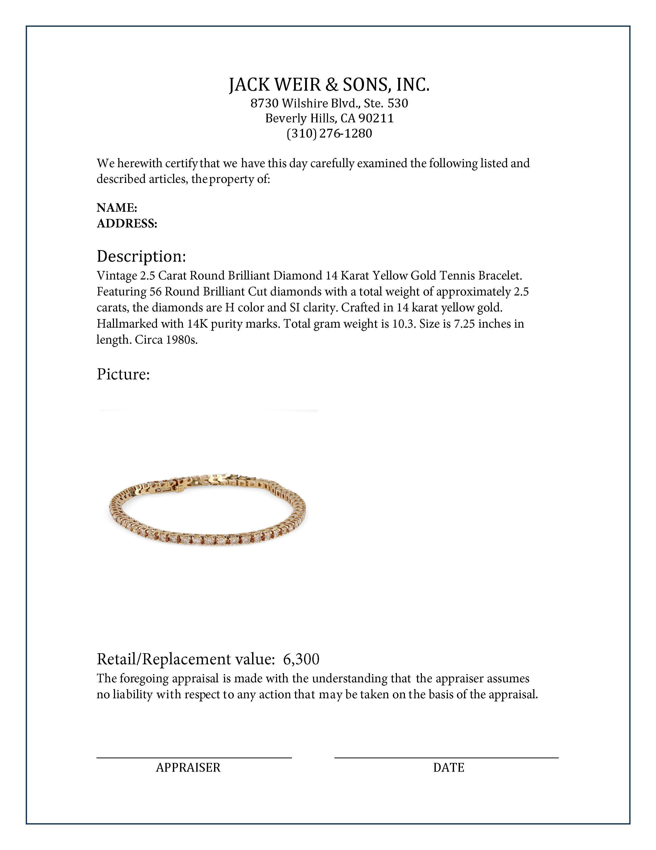 Women's or Men's Vintage 2.5 Carat round Brilliant Diamond 14K Yellow Gold Tennis Bracelet
