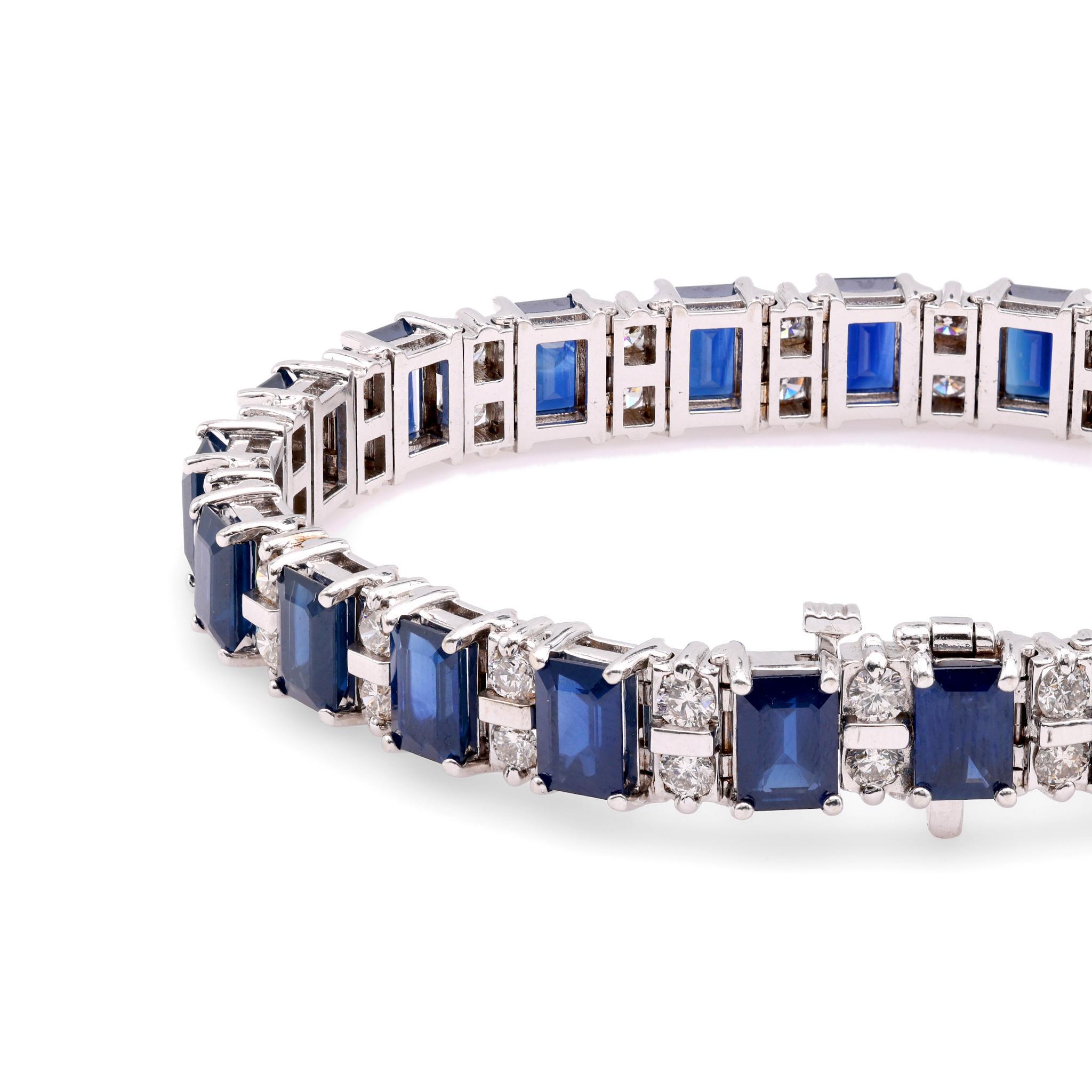 Emerald Cut Vintage 25 Carats Sapphire Diamond 14k White Gold Bracelet