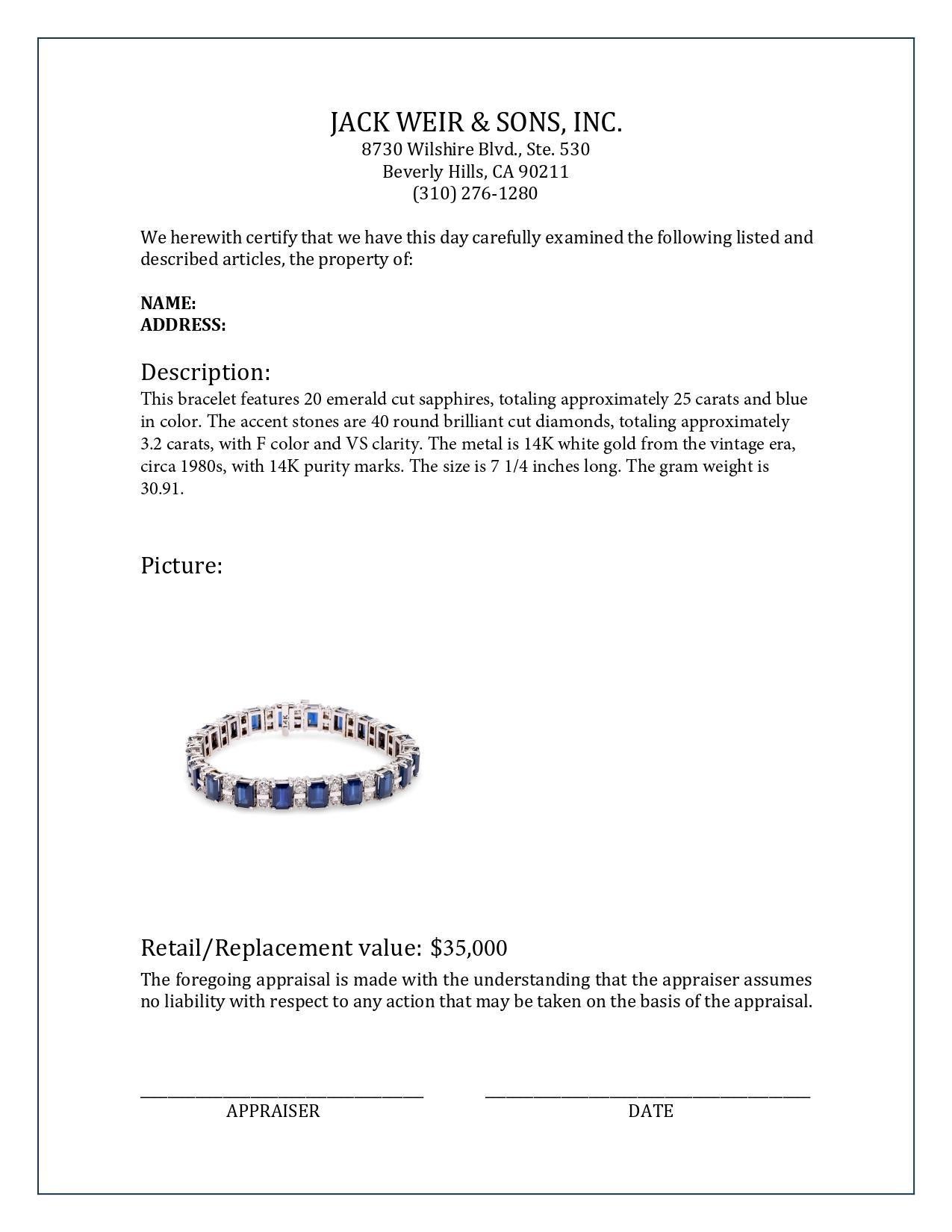 Vintage 25 Carats Sapphire Diamond 14k White Gold Bracelet In Excellent Condition In Beverly Hills, CA