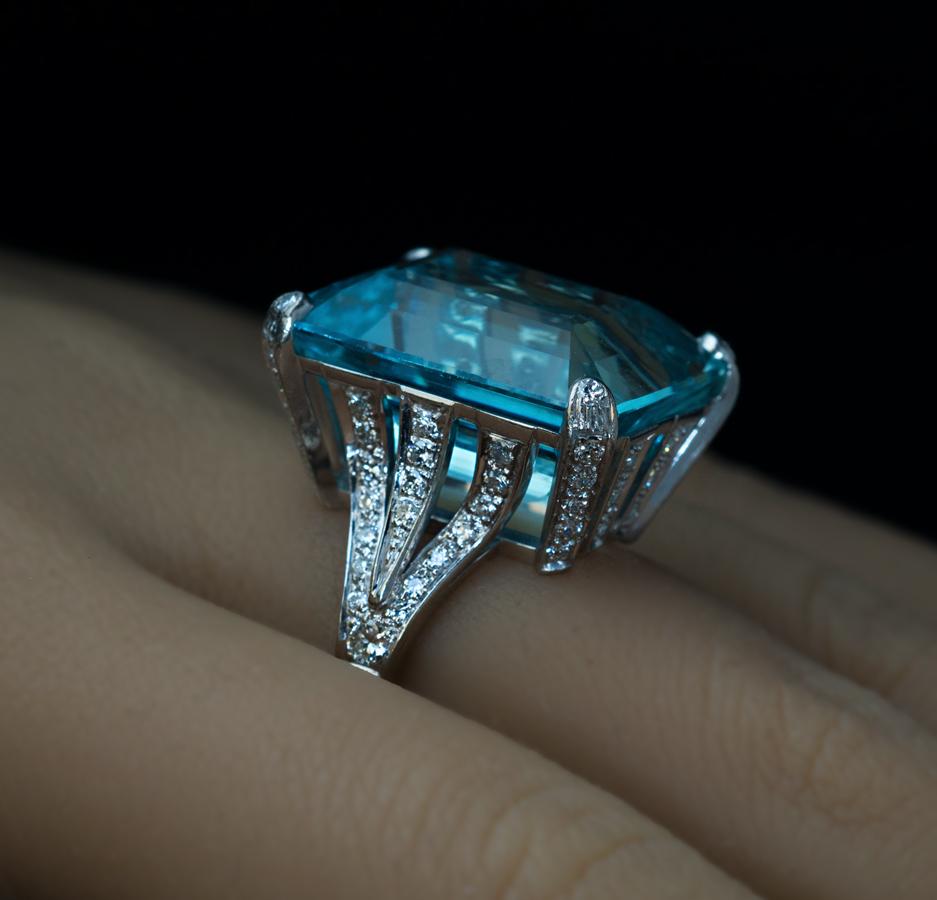 Emerald Cut Vintage 25 Ct Aquamarine Diamond White Gold Cocktail Ring For Sale