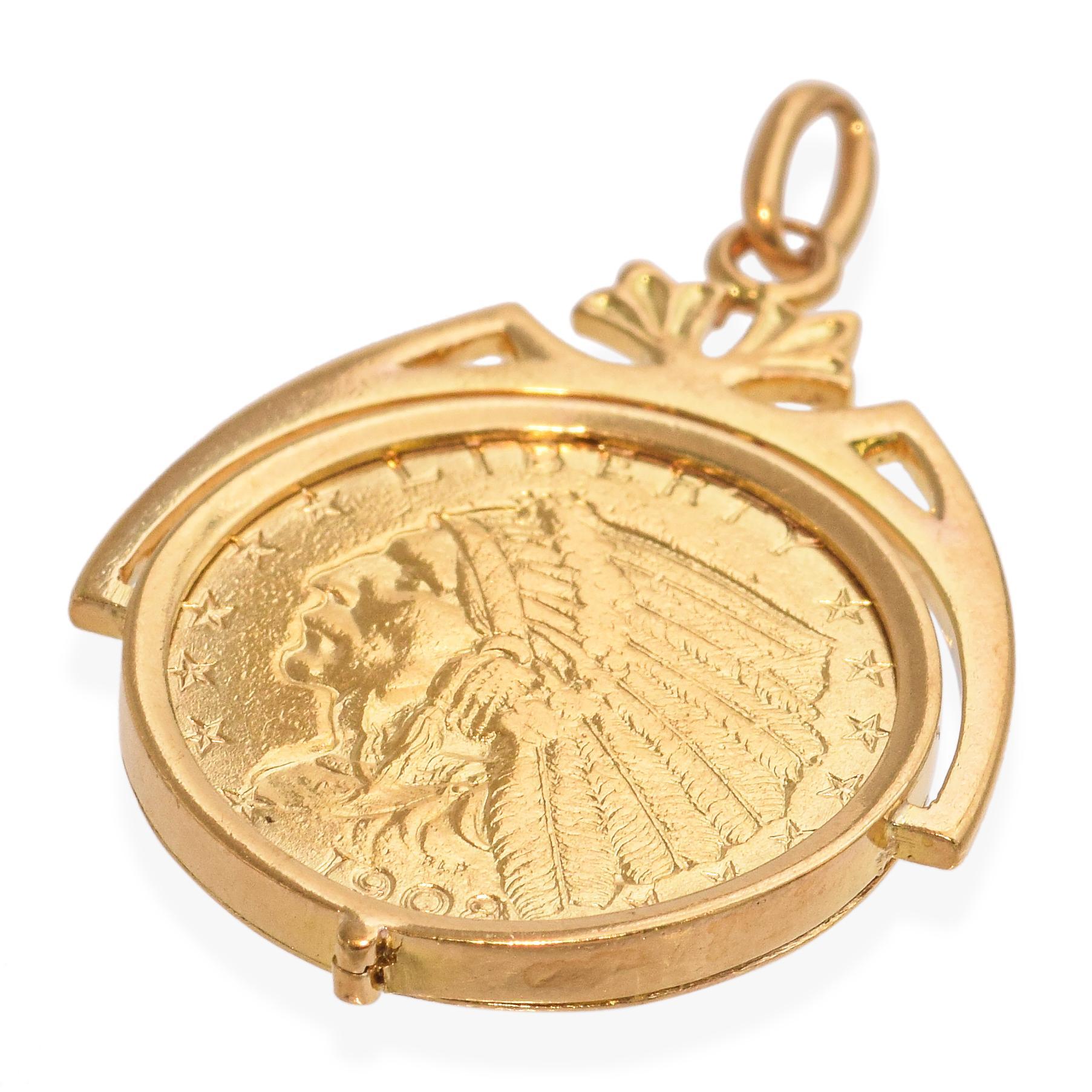 This vintage pendant features a 1908 U.S. $2.50 Indian Head gold coin, struck in 21k gold, securely set in a custom 18k yellow gold bezel. The iconic coin design showcases the proud Native American profile on the obverse and a majestic eagle on the