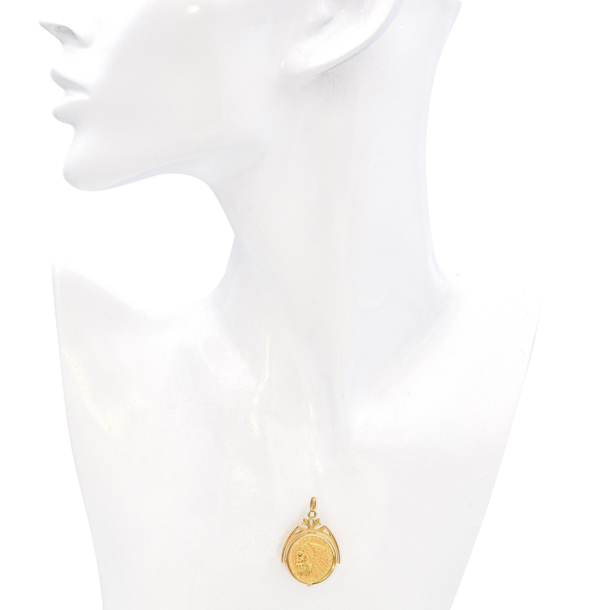 Vintage $2.5 Dollar Indian Head Gold Coin in 18k Yellow Gold Pendant In Good Condition In New York, NY
