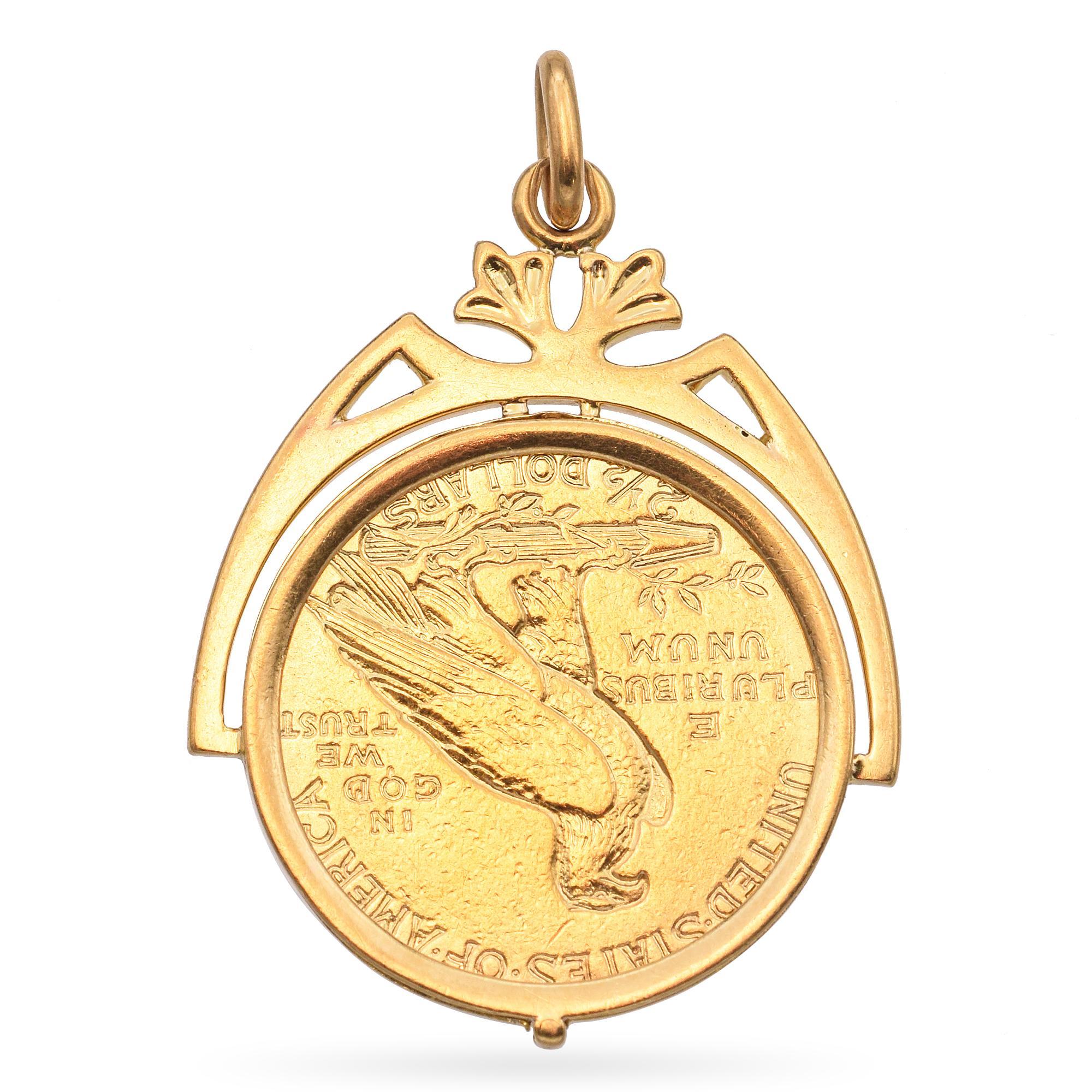 Women's or Men's Vintage $2.5 Dollar Indian Head Gold Coin in 18k Yellow Gold Pendant