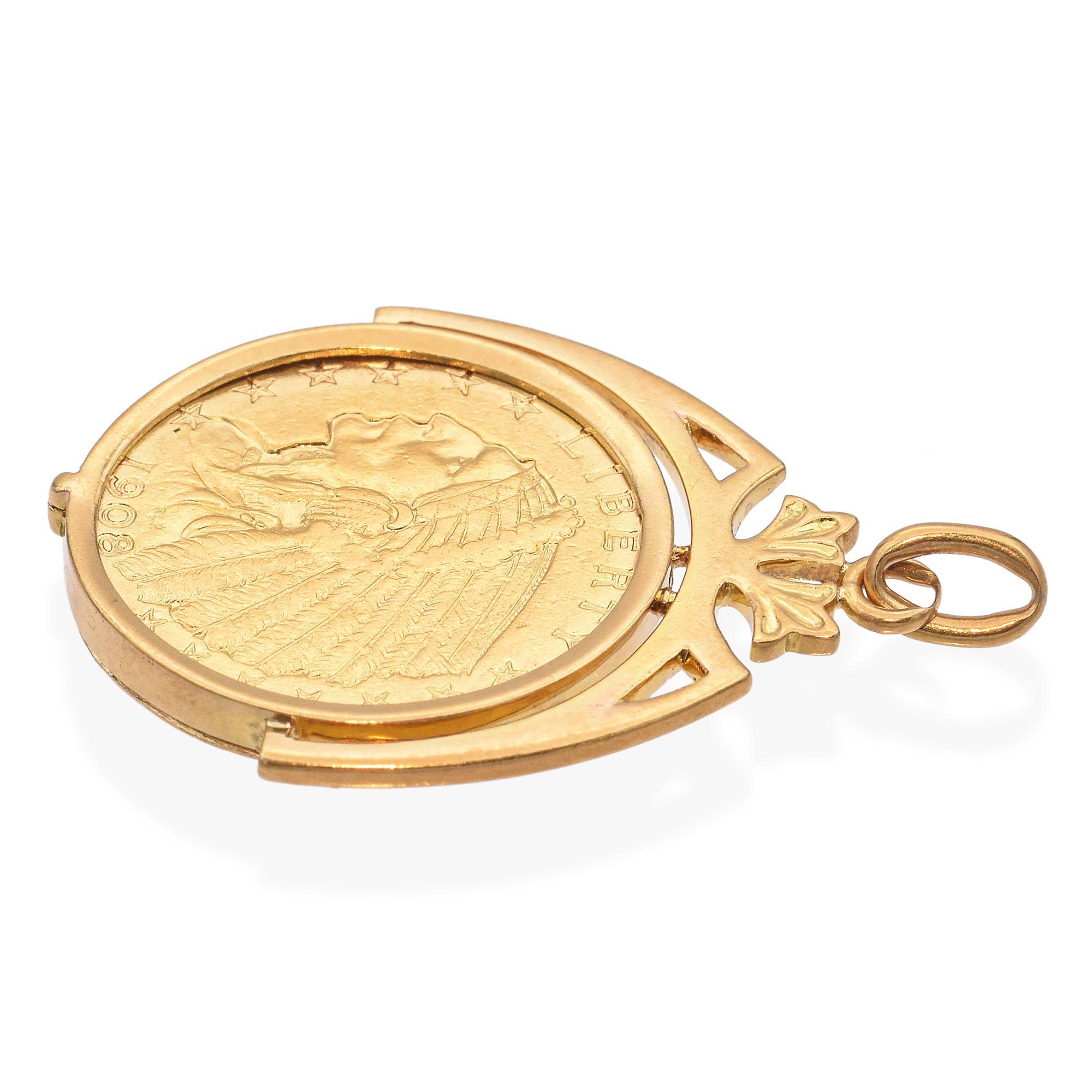 Vintage $2.5 Dollar Indian Head Gold Coin in 18k Yellow Gold Pendant 1