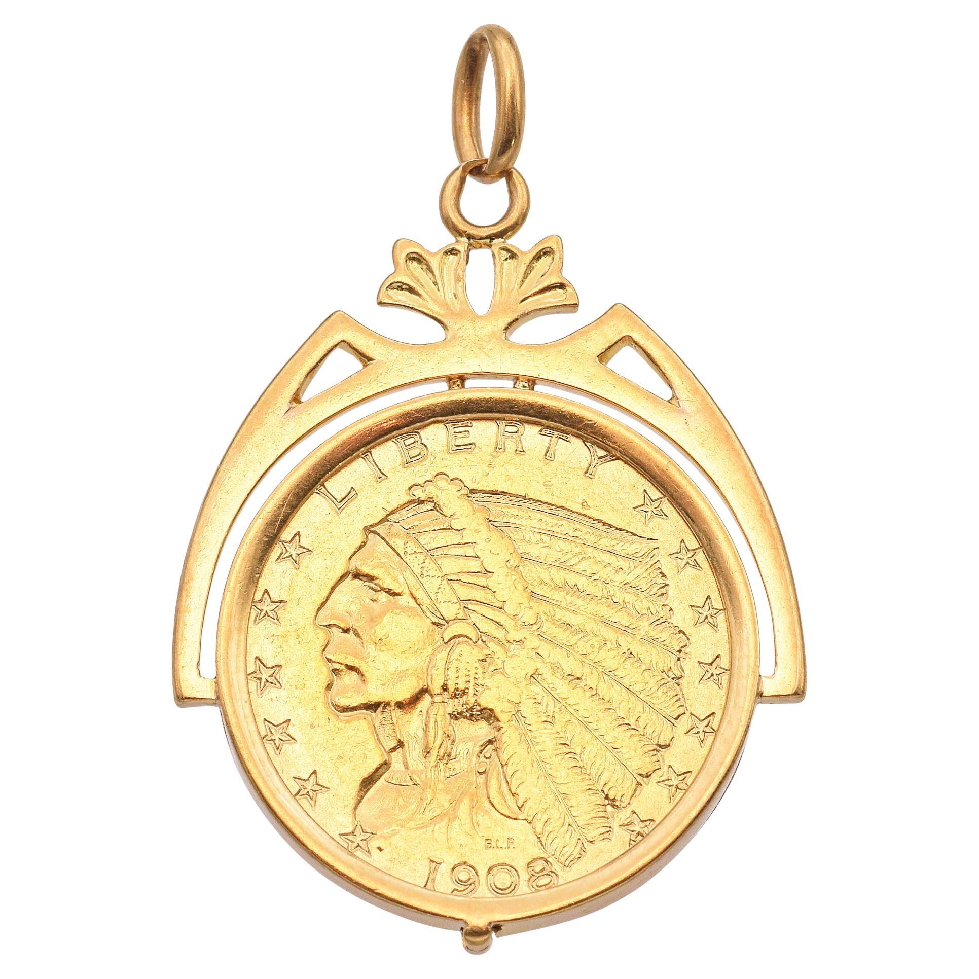 Vintage $2.5 Dollar Indian Head Gold Coin in 18k Yellow Gold Pendant