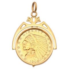 Vintage $2.5 Dollar Indian Head Gold Coin in 18k Yellow Gold Pendant