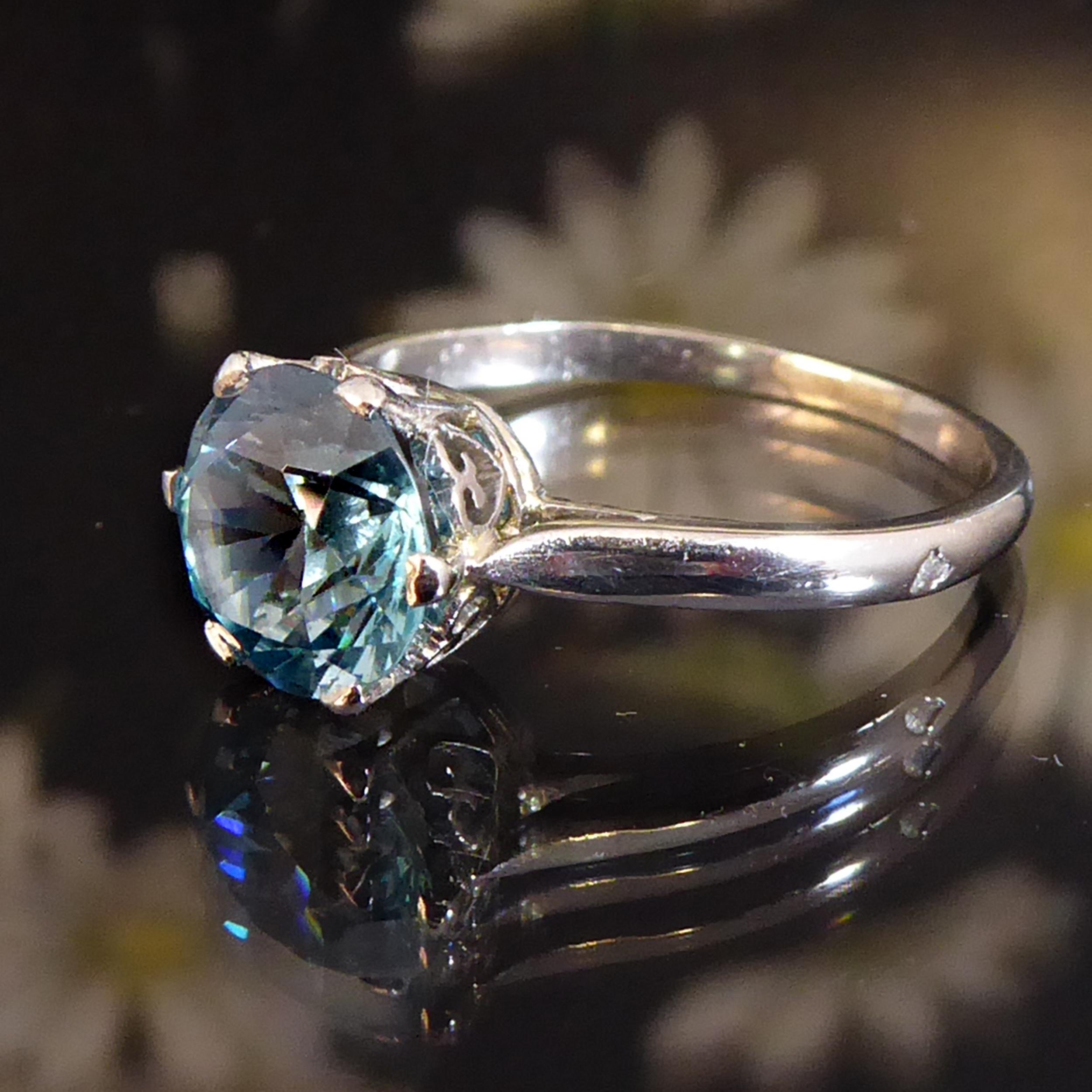 Art Deco Vintage 2.50 Carat Blue Zircon Solitaire Ring, French Marks, Platinum Band