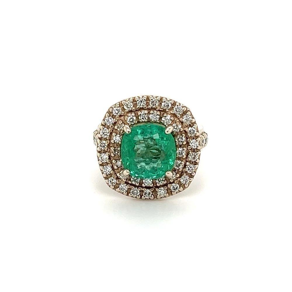 Cushion Cut Vintage 2.50 Carat Cushion Emerald and Diamond Gold Ring For Sale
