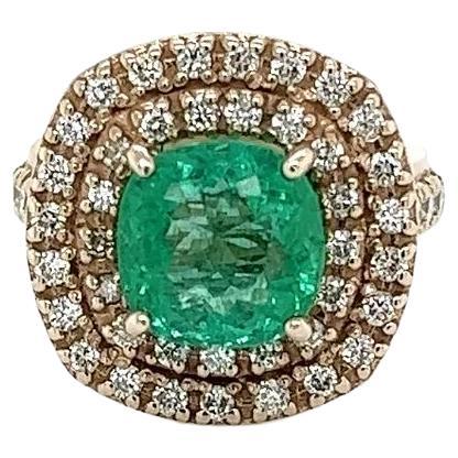 Vintage 2.50 Carat Cushion Emerald and Diamond Gold Ring For Sale