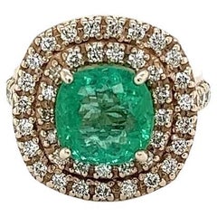 Retro 2.50 Carat Cushion Emerald and Diamond Gold Ring