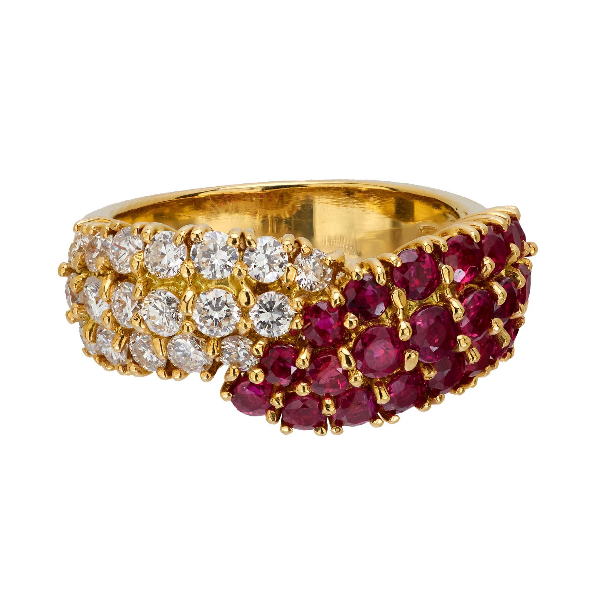 Modern Vintage 2.50 carat ruby and diamond 18k yellow gold bypass ring