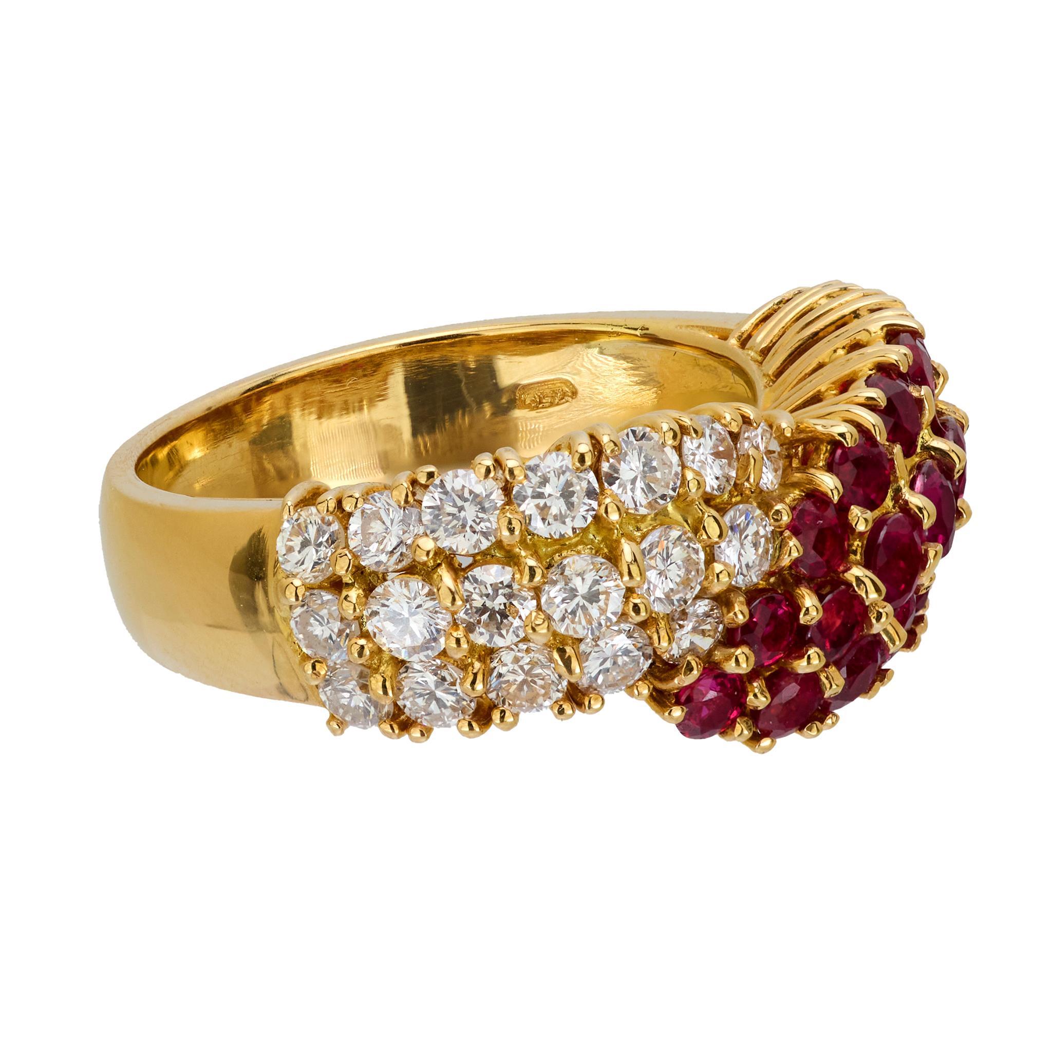 Brilliant Cut Vintage 2.50 carat ruby and diamond 18k yellow gold bypass ring