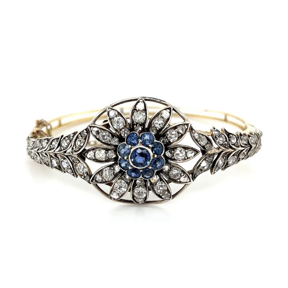 Mixed Cut Vintage 2.50 Carat Sapphire and OEC Diamond Silver on Gold Cuff Bracelet For Sale