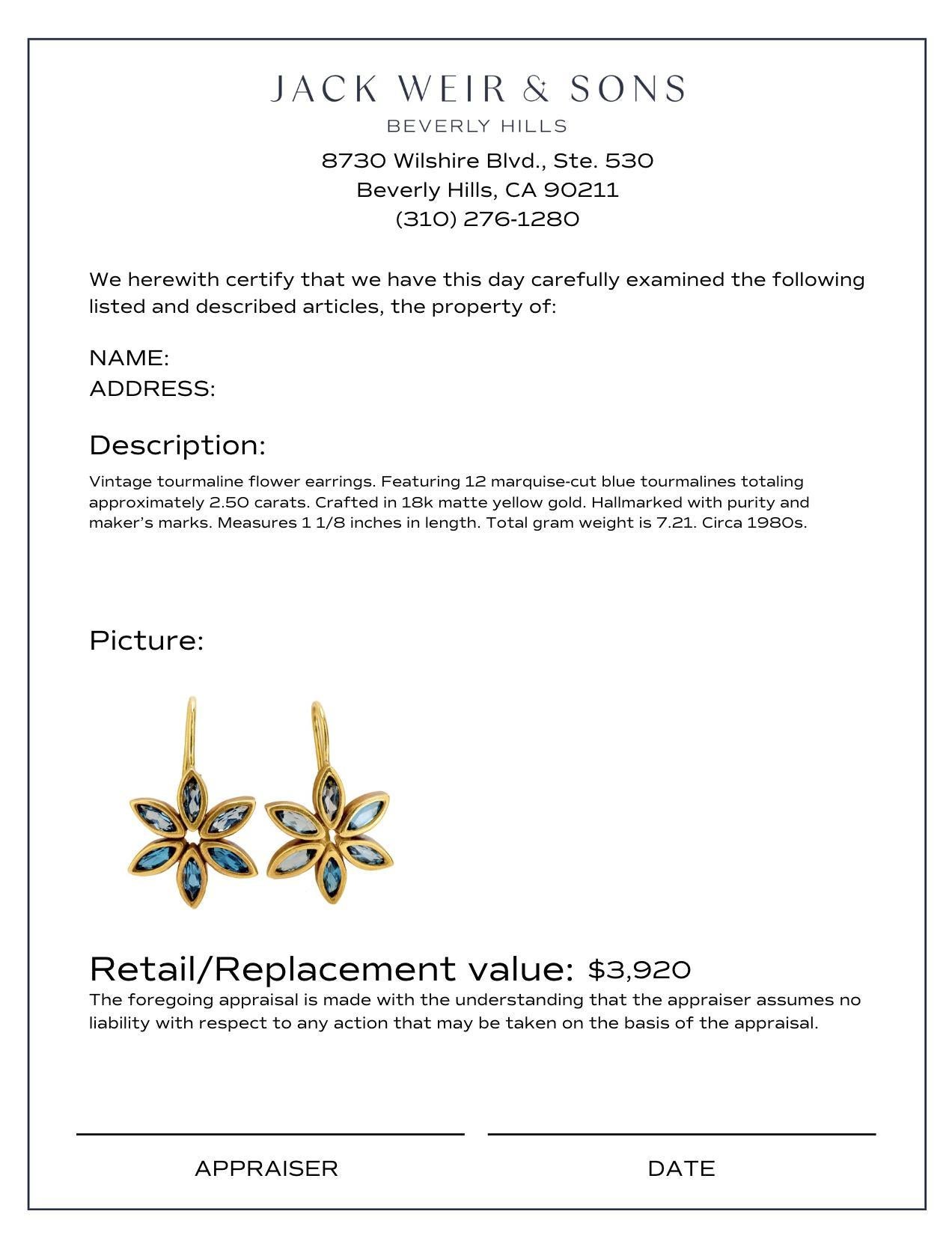 Blumenohrringe, Vintage, 2,50 Karat Turmalin 18k mattes Gelbgold im Zustand „Hervorragend“ im Angebot in Beverly Hills, CA