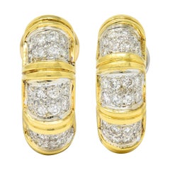 Vintage 2.50 Carats Pave Diamond 18 Karat Two-Tone Gold Half Hoop Earrings