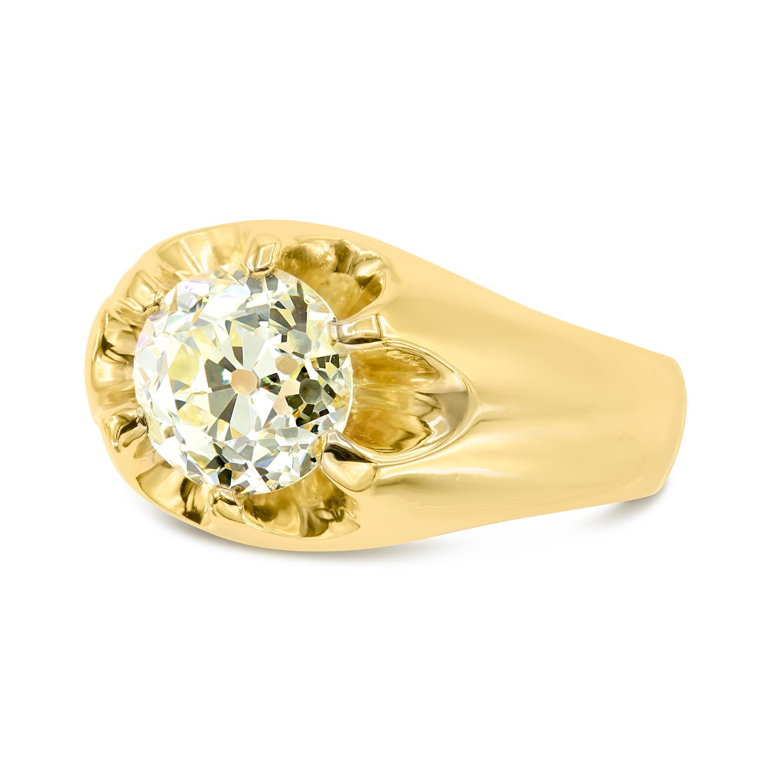 Chunky, bold, yellow gold belcher rings are one of my favorite styles. This one features a warm old European cut diamond with amazing antique proportions. We love a ring that could easily be suited for a super cool engagement style, or a really bold