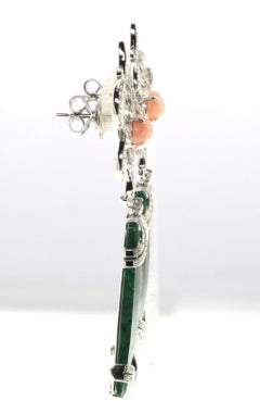 Vintage 25.07Ct Emerald Dangle Earring Diamonds Coral  And 18 Karat White Gold
