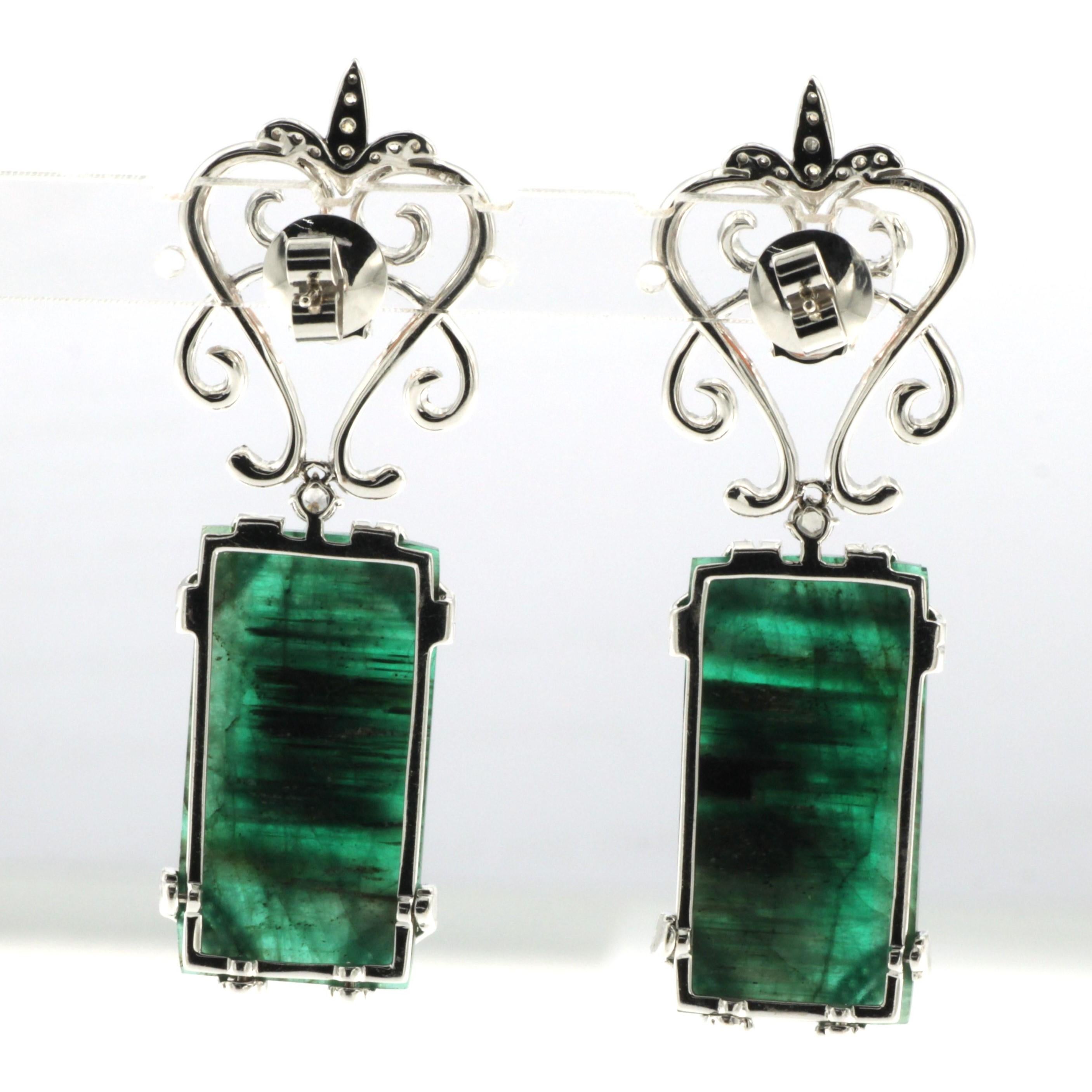 Art Deco Vintage 25.07Ct Emerald Dangle Earring Diamonds Coral  And 18 Karat White Gold For Sale