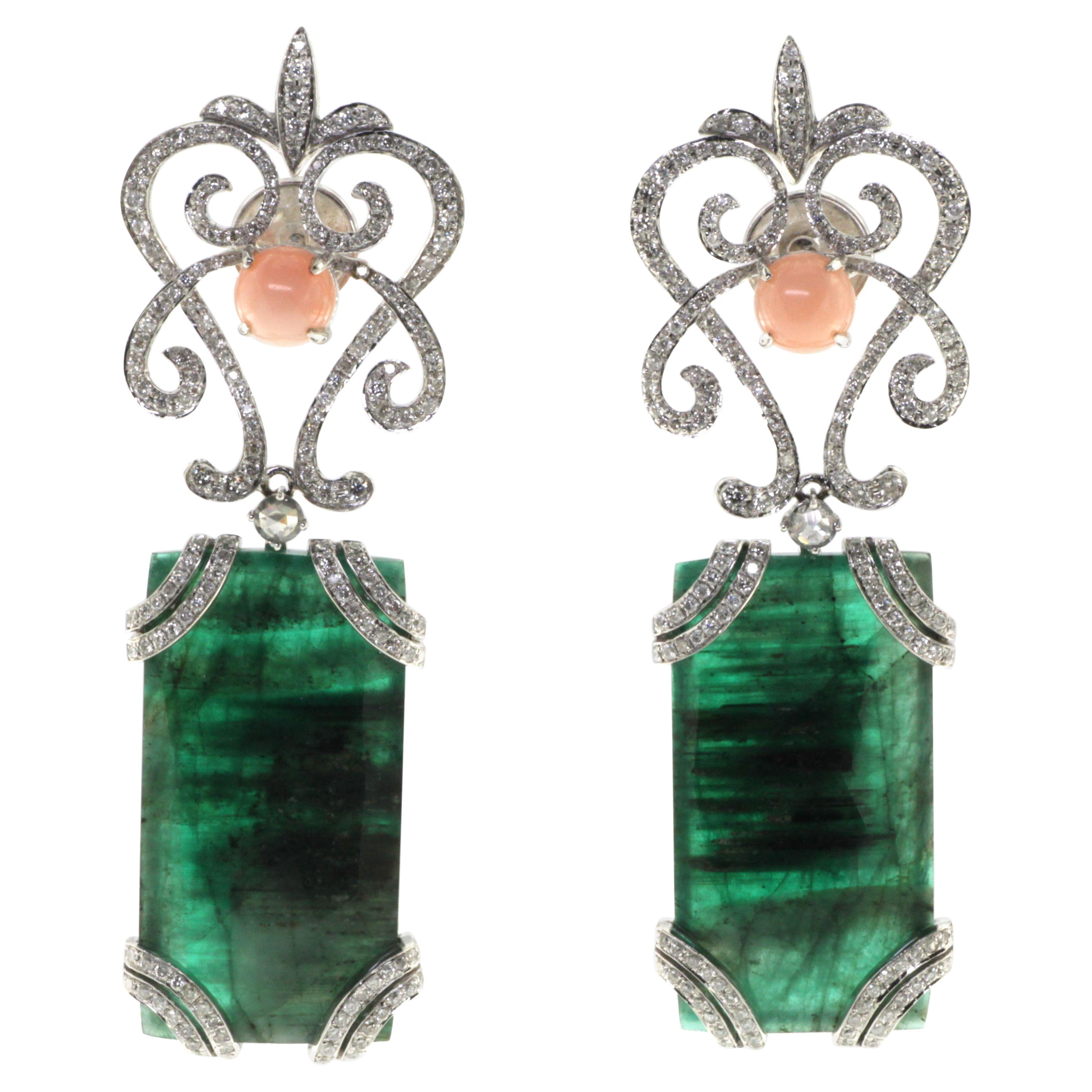  Vintage 25.07Ct Emerald Dangle Earring Diamonds Coral  And 18 Karat White Gold 