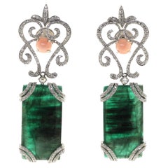  Vintage 25.07Ct Emerald Dangle Earring Diamonds Coral  And 18 Karat White Gold 