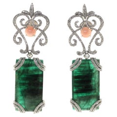 Vintage 25.07Ct Emerald Dangle Earring Diamonds Coral  And 18 Karat White Gold