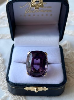 Vintage 25.08 Carat Cushion Cut Amethyst 14k Yellow Gold Cocktail Ring 1970s