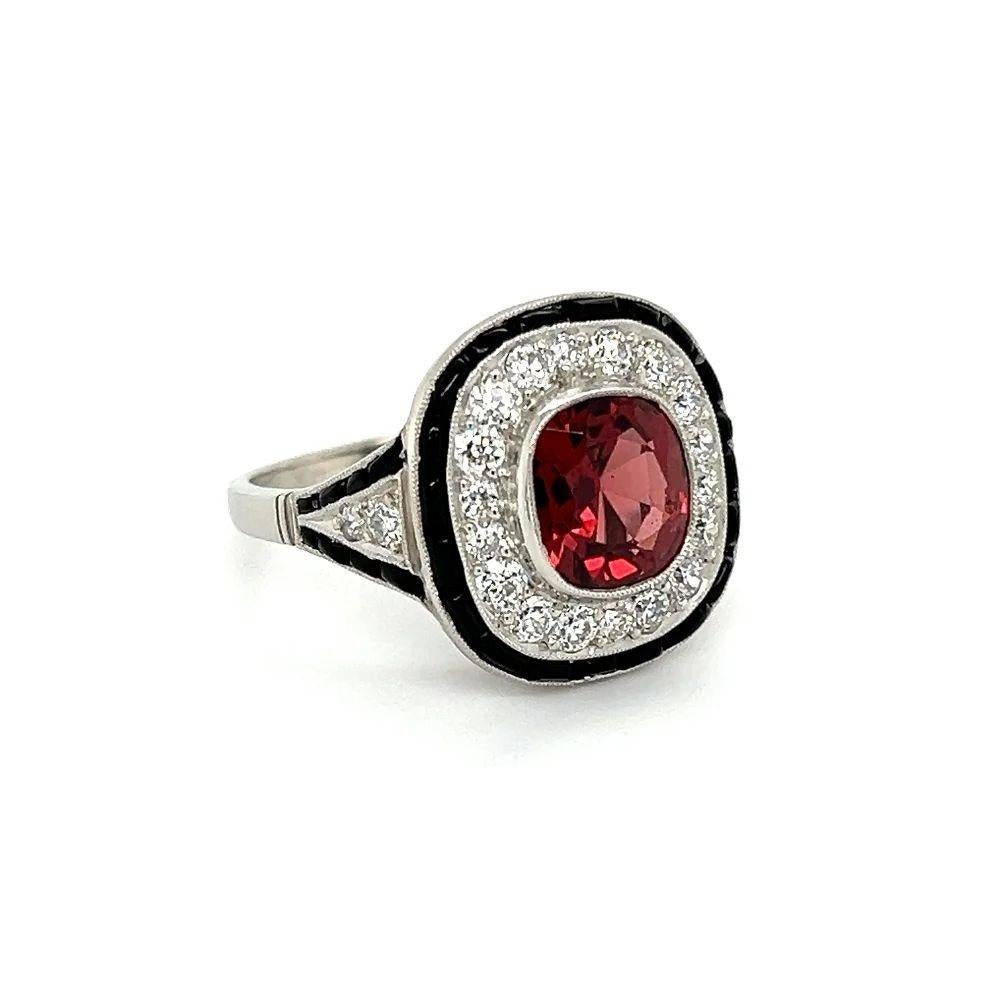 Simply Beautiful! Vintage Finely detailed Red Spinel GIA NO HEAT Diamond and Onyx Platinum Cocktail Ring. Centering a Hand set securely nestled 2.51 Carat Orangy Red Spinel, GIA report #521914402. Surrounded by 22 Old European cut Diamonds, weighing